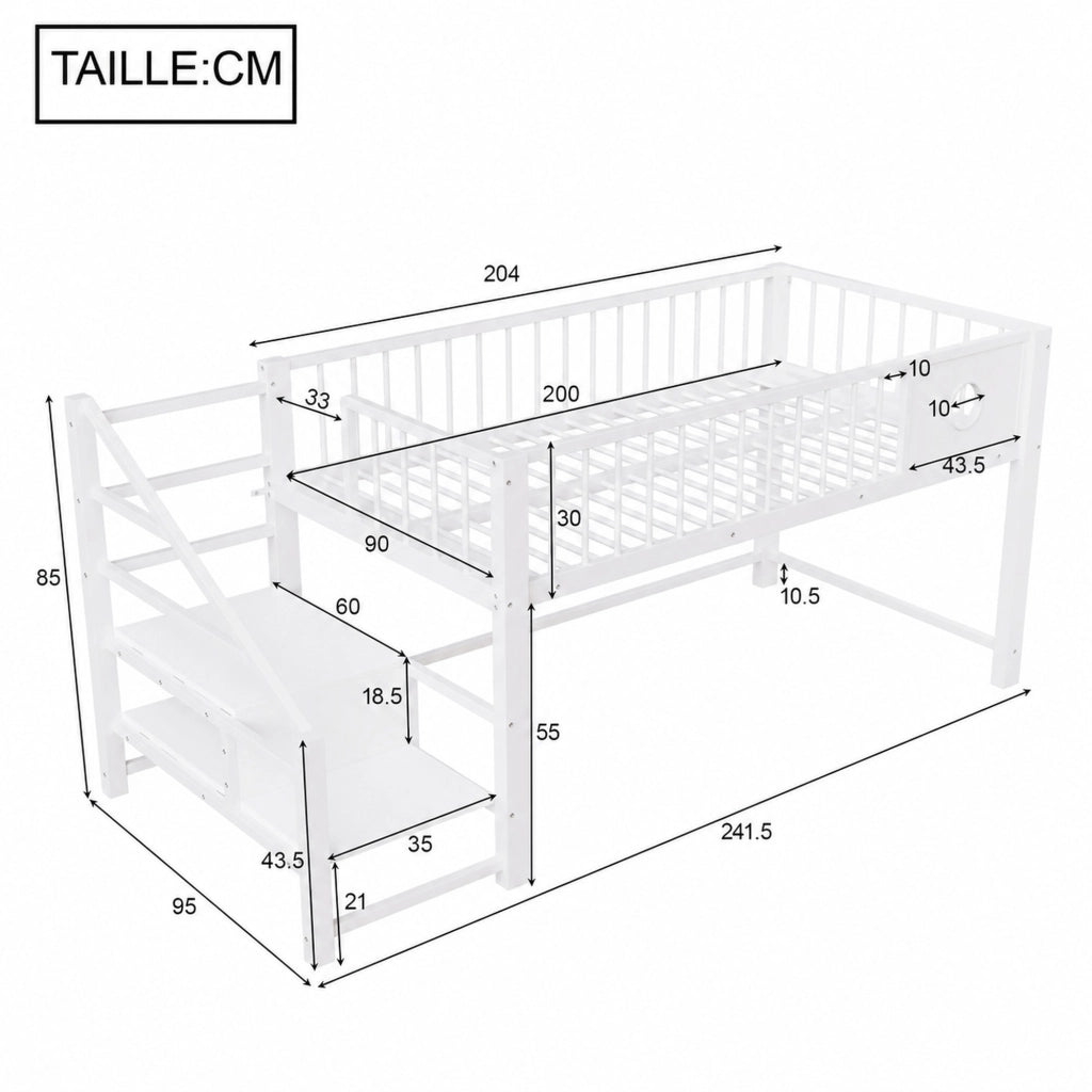 DESMIU Letto a soppalco per bambini 90 × 200 cm con scala contenitore, senza materasso, metallo bianco
