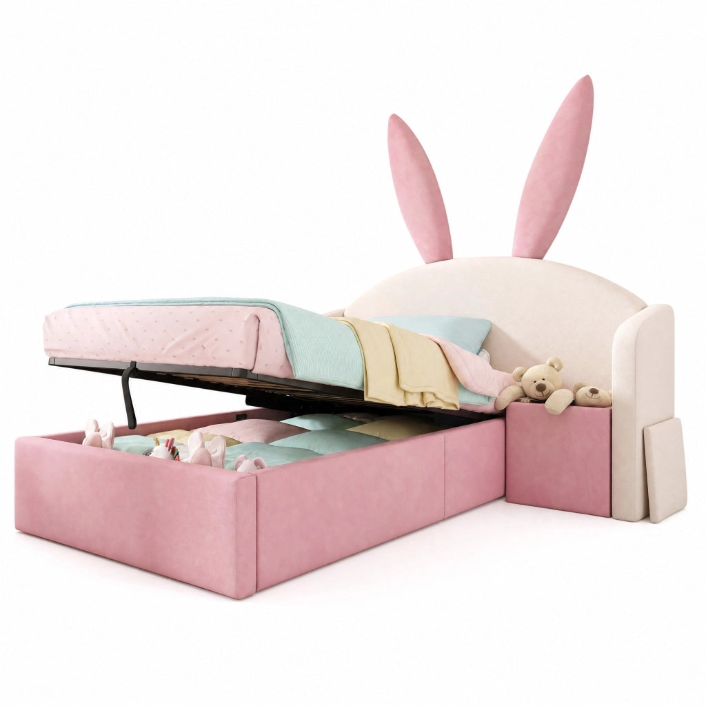 Letto singolo 90x200 cm in velluto con testiera imbottita; contenitore idraulico e comodino; beige e rosa