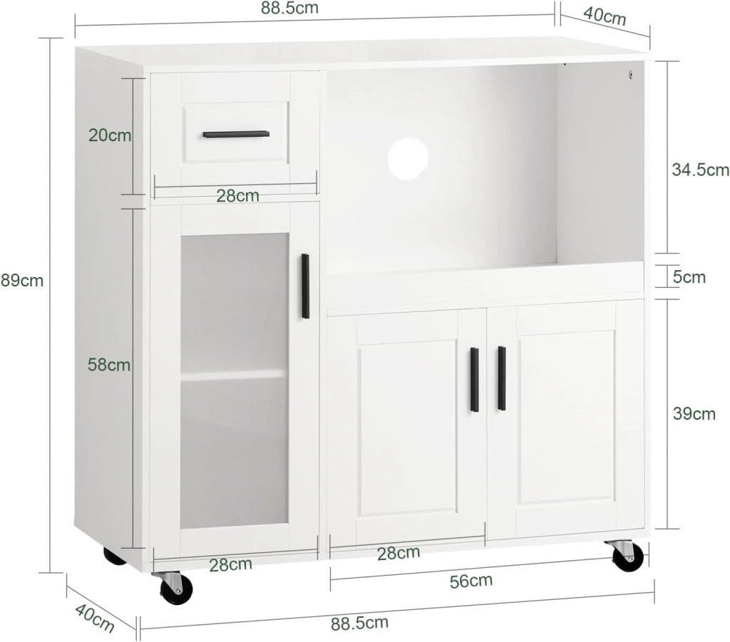 Carrello da Cucina, Isola Cucina con Ruote, Mobili da Cucina, Supporto per Microonde, Carrello Mobile per Sala da Pranzo e Ufficio 88,5 x 40 x 89 cm Bianco FSB78-W