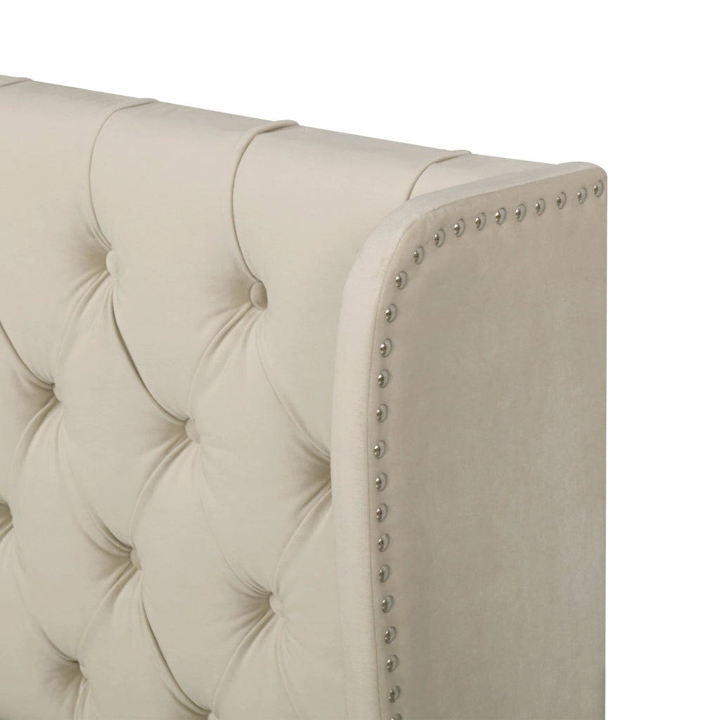 OKWISH Letto Contenitore 140×190 cm, Letto Matrimoniale con Testiera Imbottita, Vano Contenitore e Borchie, senza Materasso, Velluto, Beige