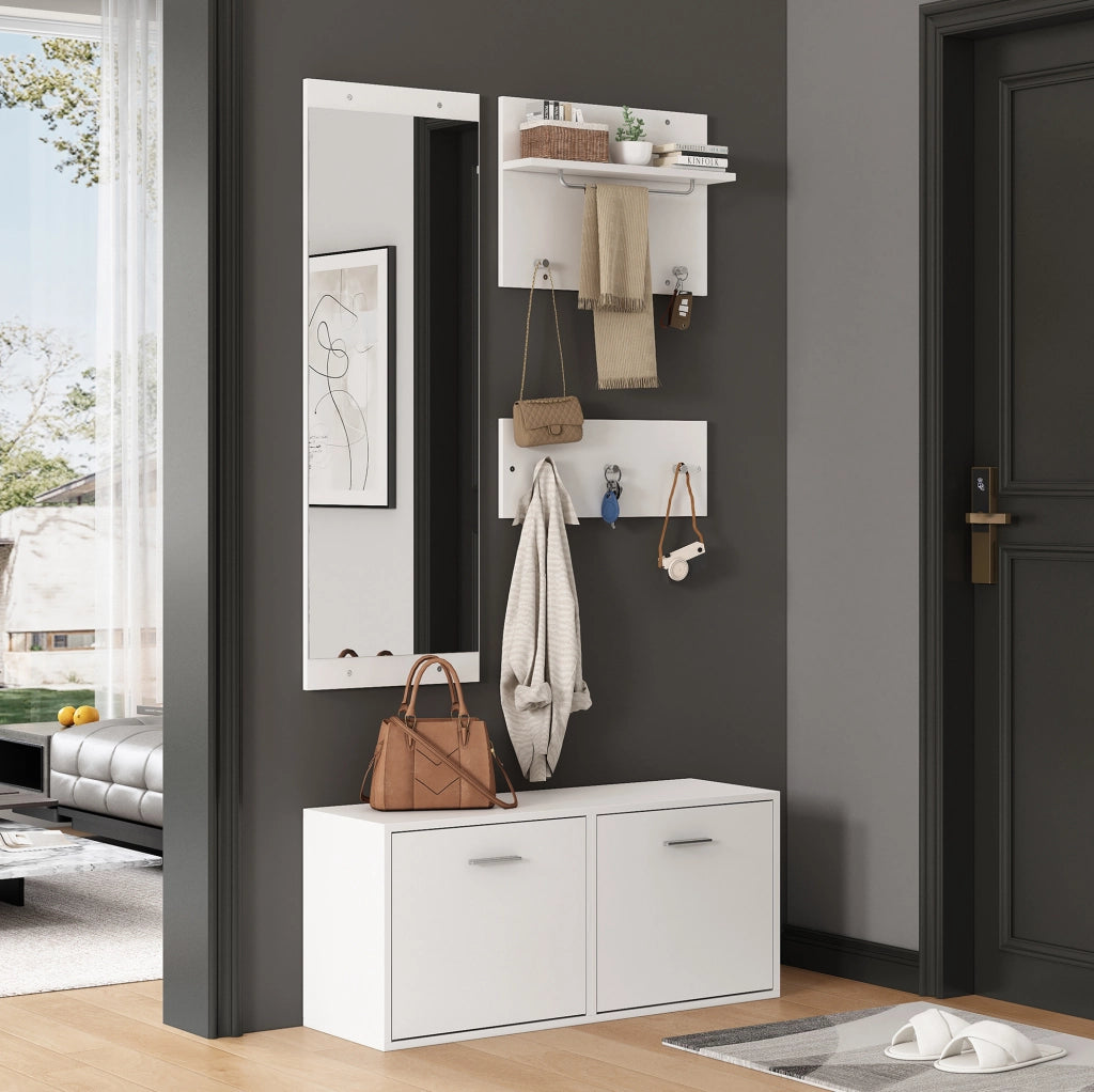 Set da ingresso 4 pezzi con mobile portascarpe 90x30x41,5 cm, specchio, pannelli da parete e 6 ganci, bianco