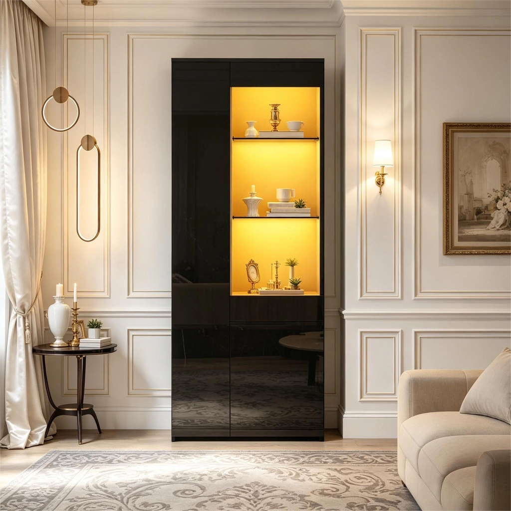 Vetrina alta 70 x 35 x 180 cm con 2 ante, cassetto, LED e finitura nero lucido