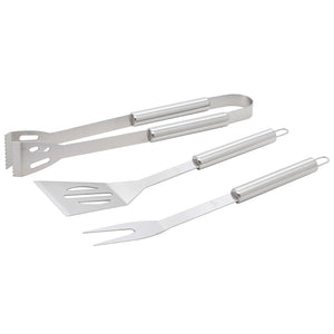 Set 3 Utensili Barbecue Forchettone Pinza Spatola Acciaio Inossidabile Cromato