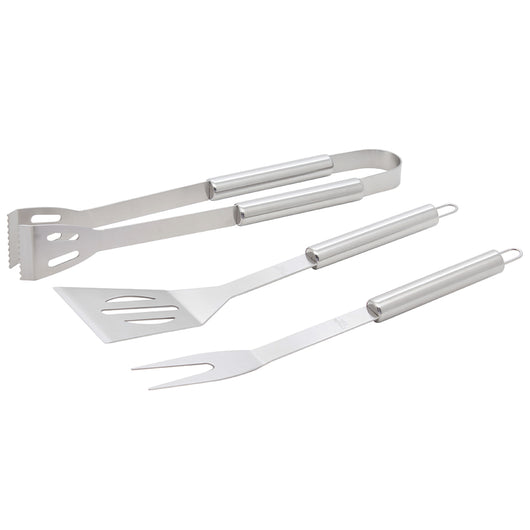 Set 3 Utensili Barbecue Forchettone Pinza Spatola Acciaio Inossidabile Cromato
