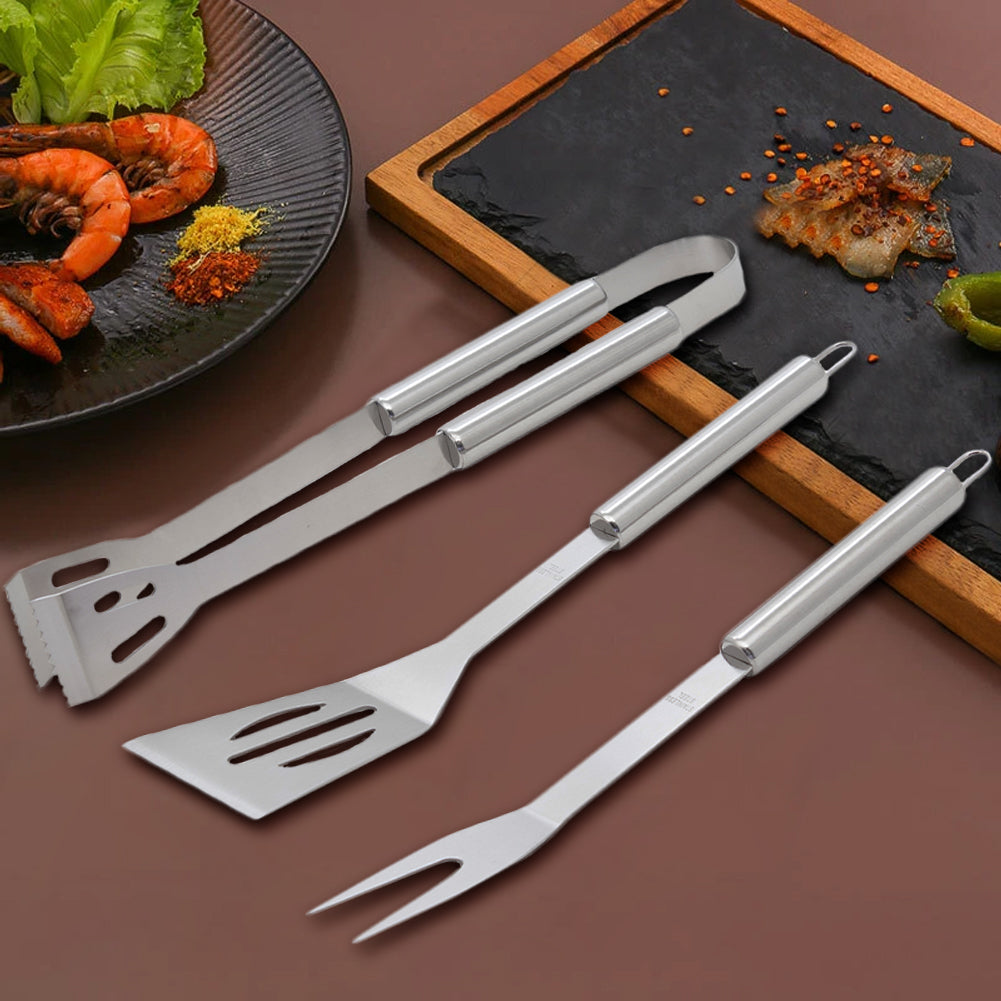 Set 3 Utensili Barbecue Forchettone Pinza Spatola Acciaio Inossidabile Cromato