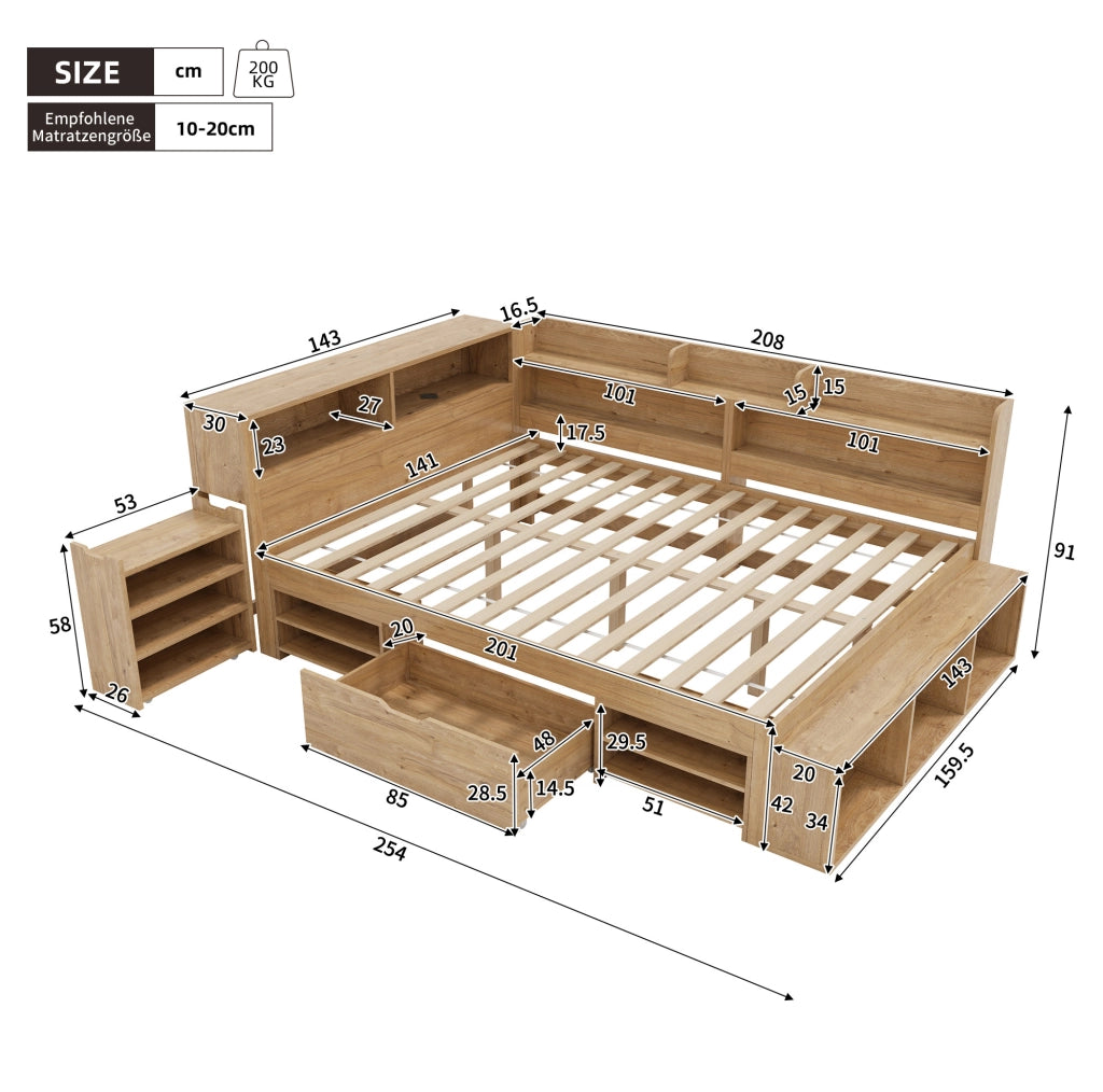Letto per bambini 140x200 cm con cassetto; librerie e armadi contenitore in compensato; naturale
