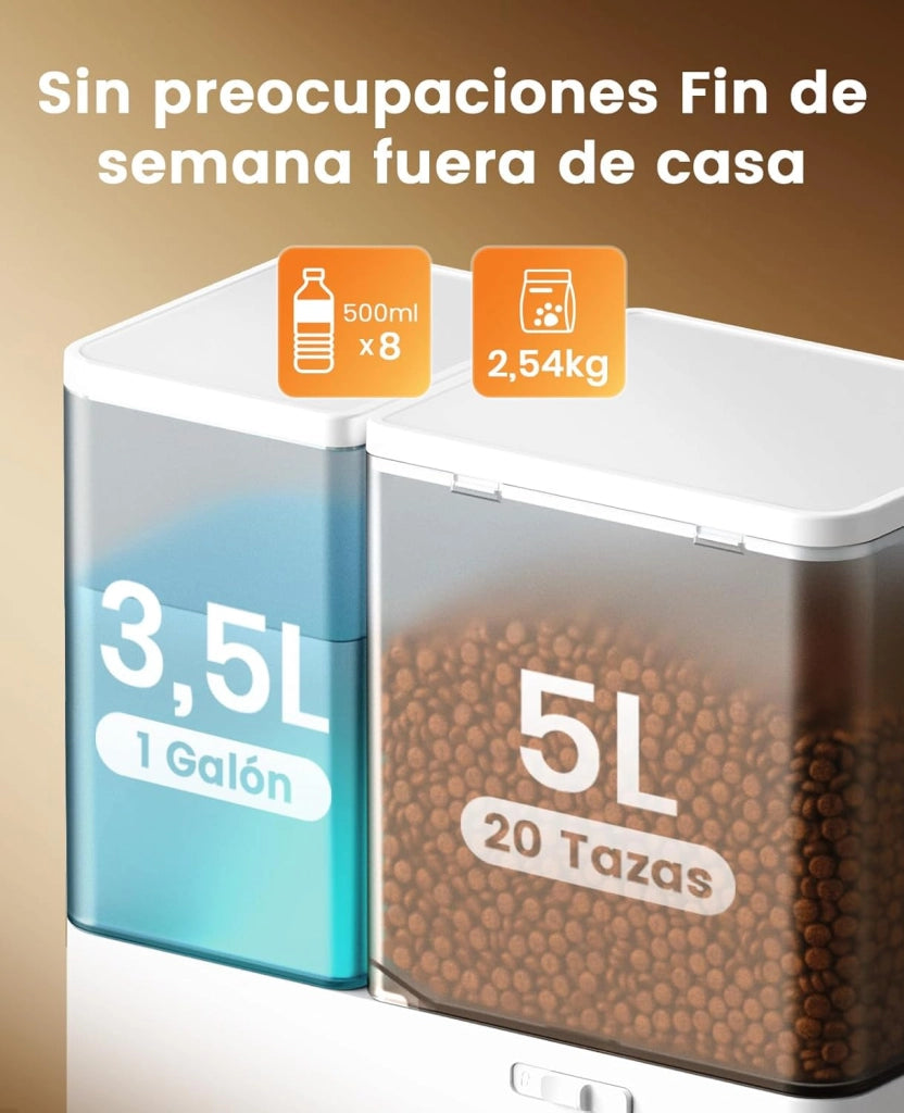 Distributore automatico per gatti e acqua, 36 tazze/8,5L, 2 in 1, per cibo pulito e acqua fresca, grande capacità, 5 l, dispenser di cibo per gatti e fontana a gravità da 3,5L per animali
