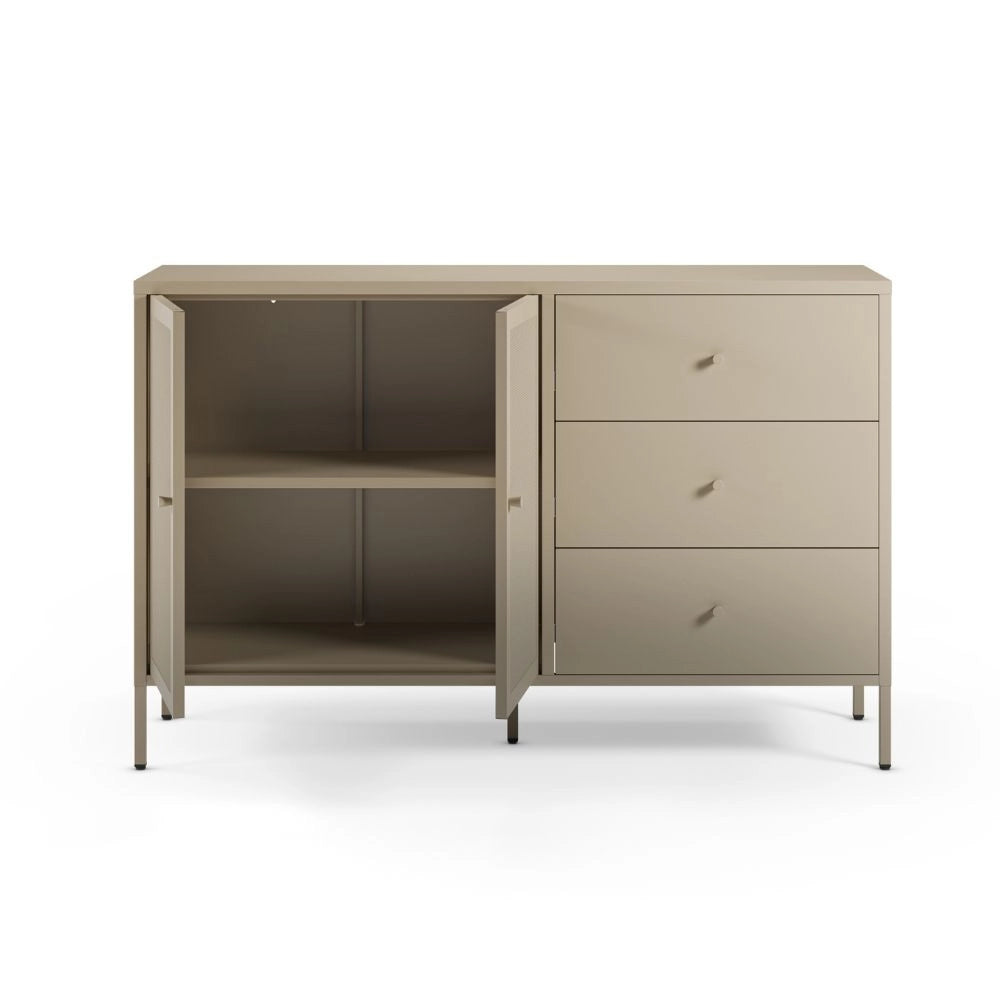 Credenza Fayna in metallo sabbia con 2 ante e 3 cassetti 140x40x90H Design industriale
