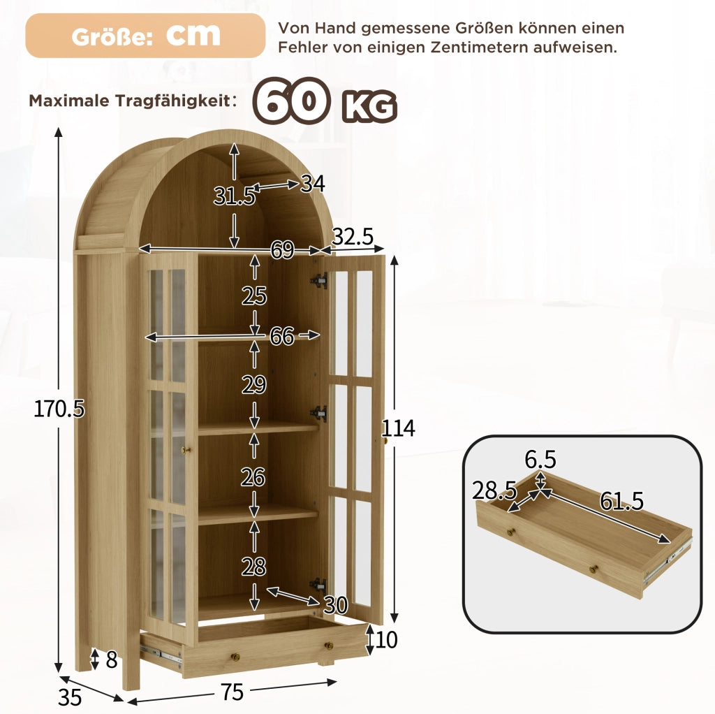 Vetrina alta ad arco in MDF con ante acriliche e cassetto