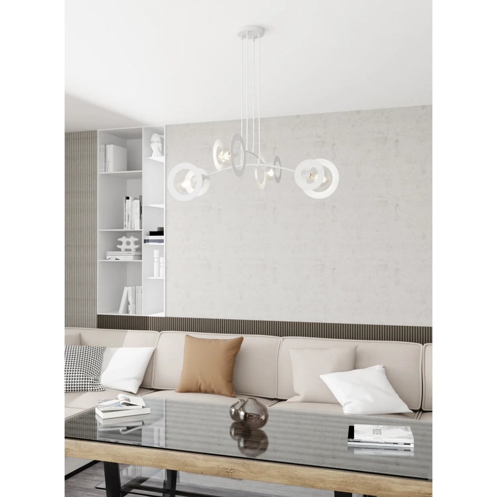 Lampadario 4 Luci Crono Acciaio Bianco A Bracci E Diffusori A Doppio Cerchio