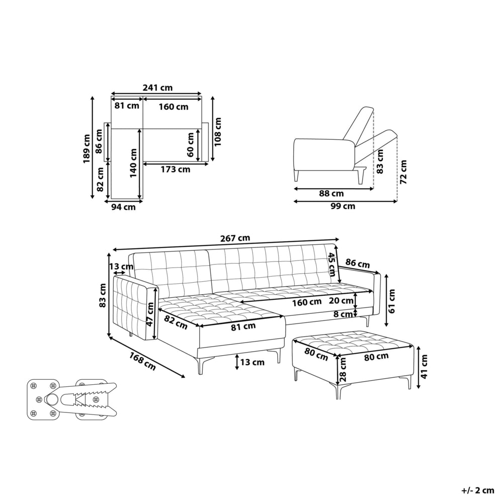Divano letto angolare in tessuto capitonné marrone moderno a L componibile a 4 posti con ottomana chaise longue versione destra