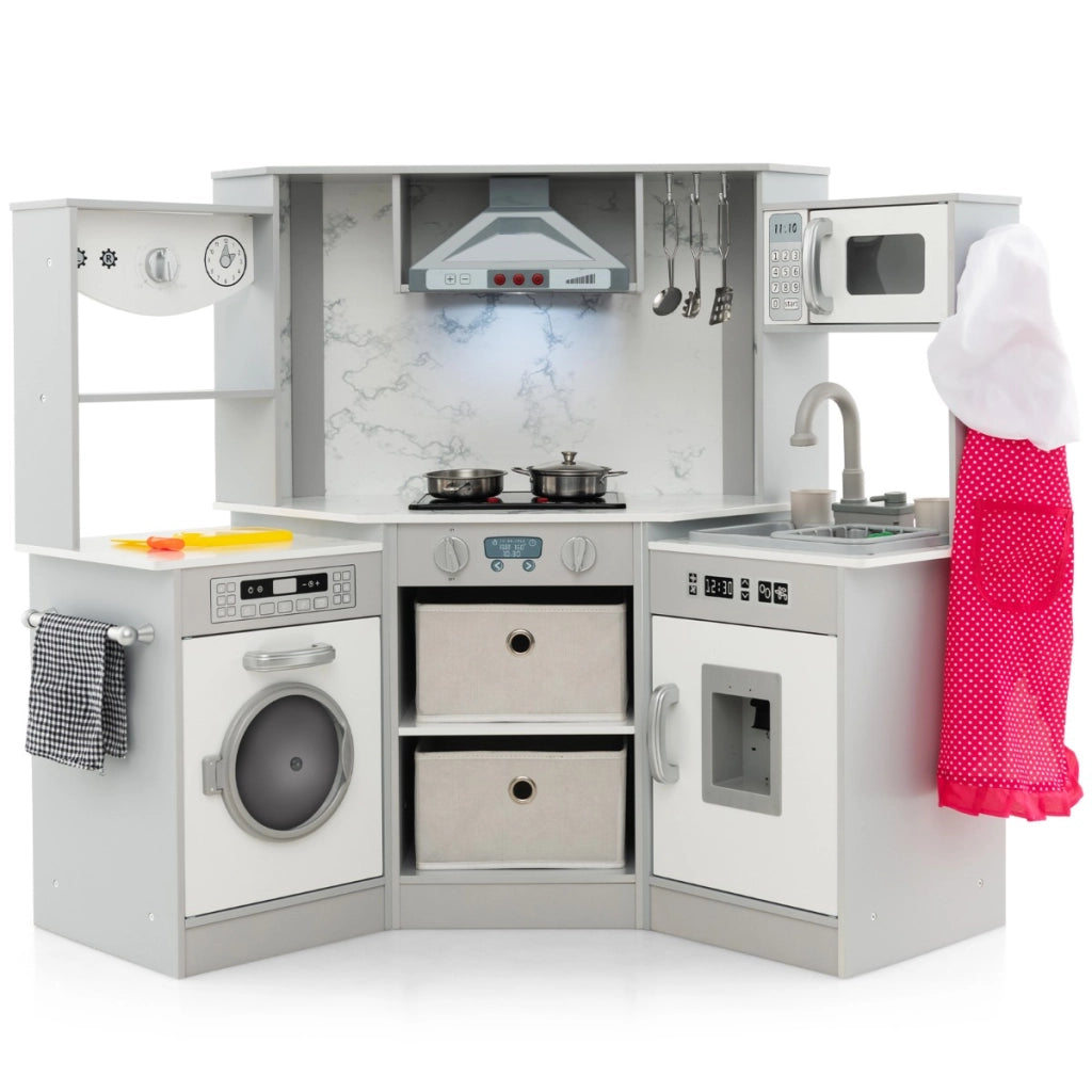 Cucina giocattolo per bambini in legno con luci e suoni realistici, Angolo cucina con cappa aspirante illuminata Grigio-Cucine giocattoli