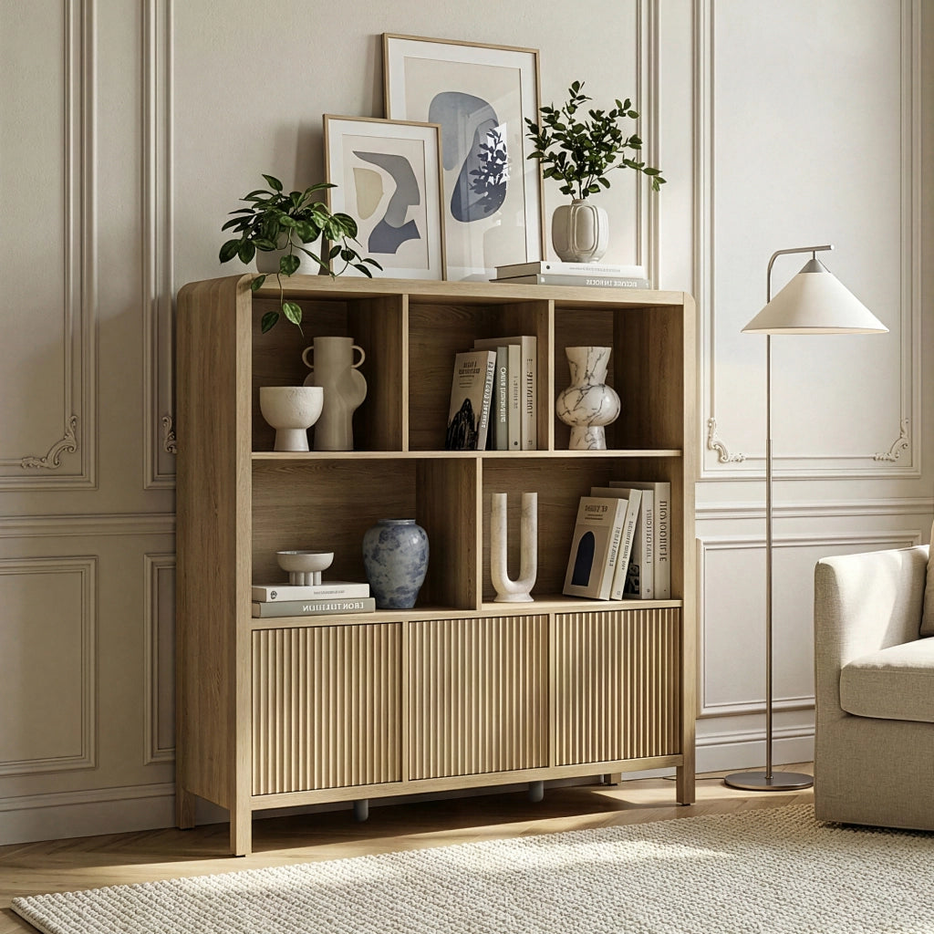 Credenza Bassa Lukkodso con 3 Ante e Scomparti Aperti 102x98x30 cm Effetto Rovere Medio Chiaro [en.casa]