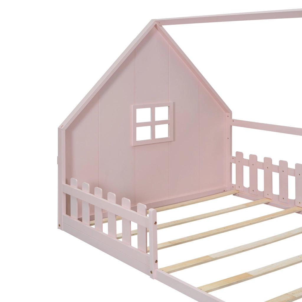 Letto Casetta 140×200 cm; Letto Singolo 2 Posti con Sponda; senza Materasso; in Pino e MDF; Rosa