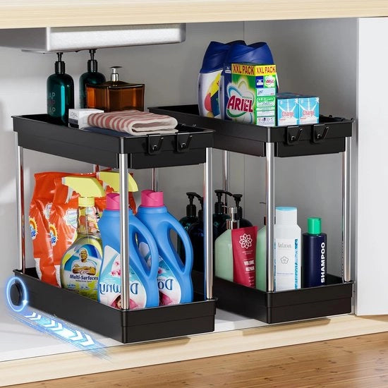 Organizzatore per cucina, organizzatore per armadio con tubi in acciaio inossidabile, 2 pezzi sotto la mensola della doccia, organizzatore di base con 4 ganci, piano per cucina, bagno, armadio, tavolo