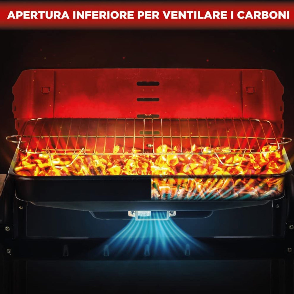 Barbecue Trolley a Carbonella In Metallo e Legno BBQ Braciere Portatile Ripiani