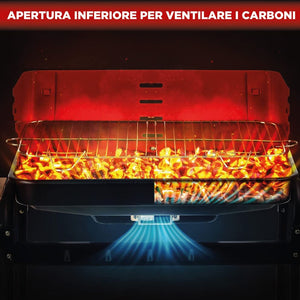 Barbecue Trolley a Carbonella In Metallo e Legno BBQ Braciere Portatile Ripiani