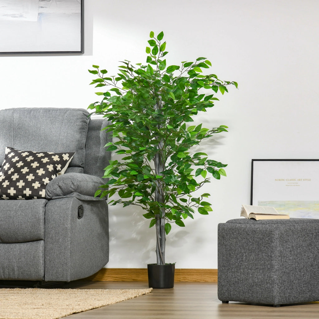 Grande albero di ficus artificiale, 135 cm, pianta artificiale, pianta di ficus artificiale in plastica in vaso, albero artificiale con cemento, erba
