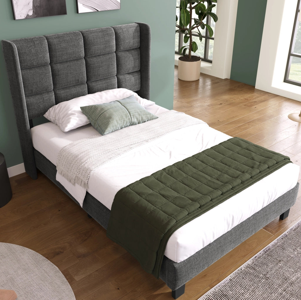 Letto imbottito singolo 90x200 cm in lino grigio con testiera alta e rete a doghe
