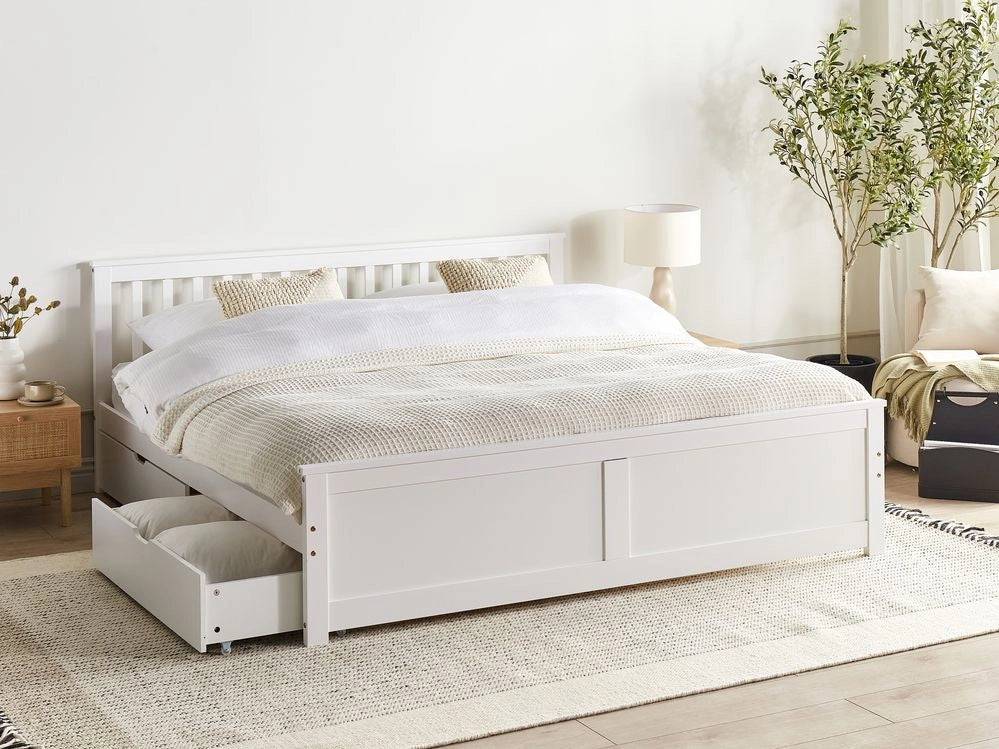 Letto matrimoniale Legno di Pino bianco con Rete a Doghe con 2 cassetti 180 x 200 cm Testiera a doghe minimalista