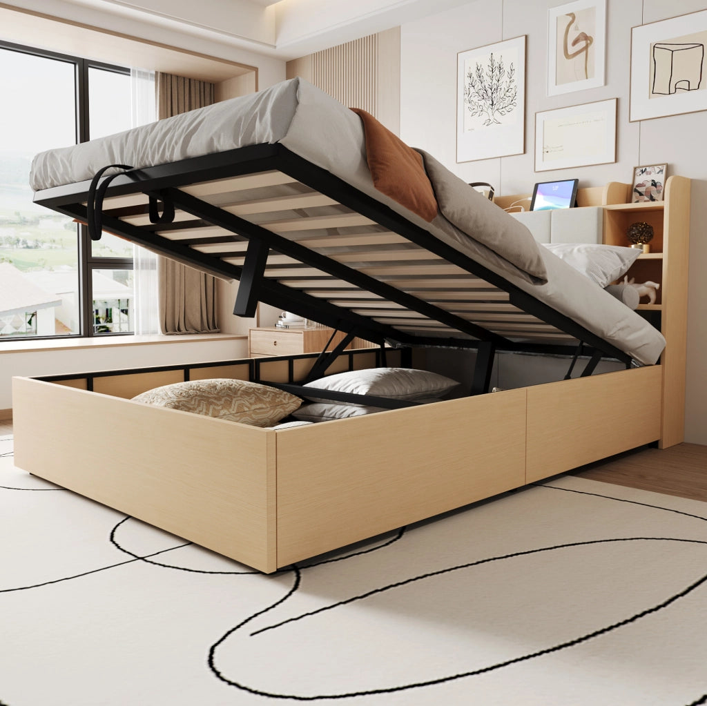 Letto con contenitore idraulico 140x200 cm in MDF; legno naturale; con testiera portaoggetti e USB