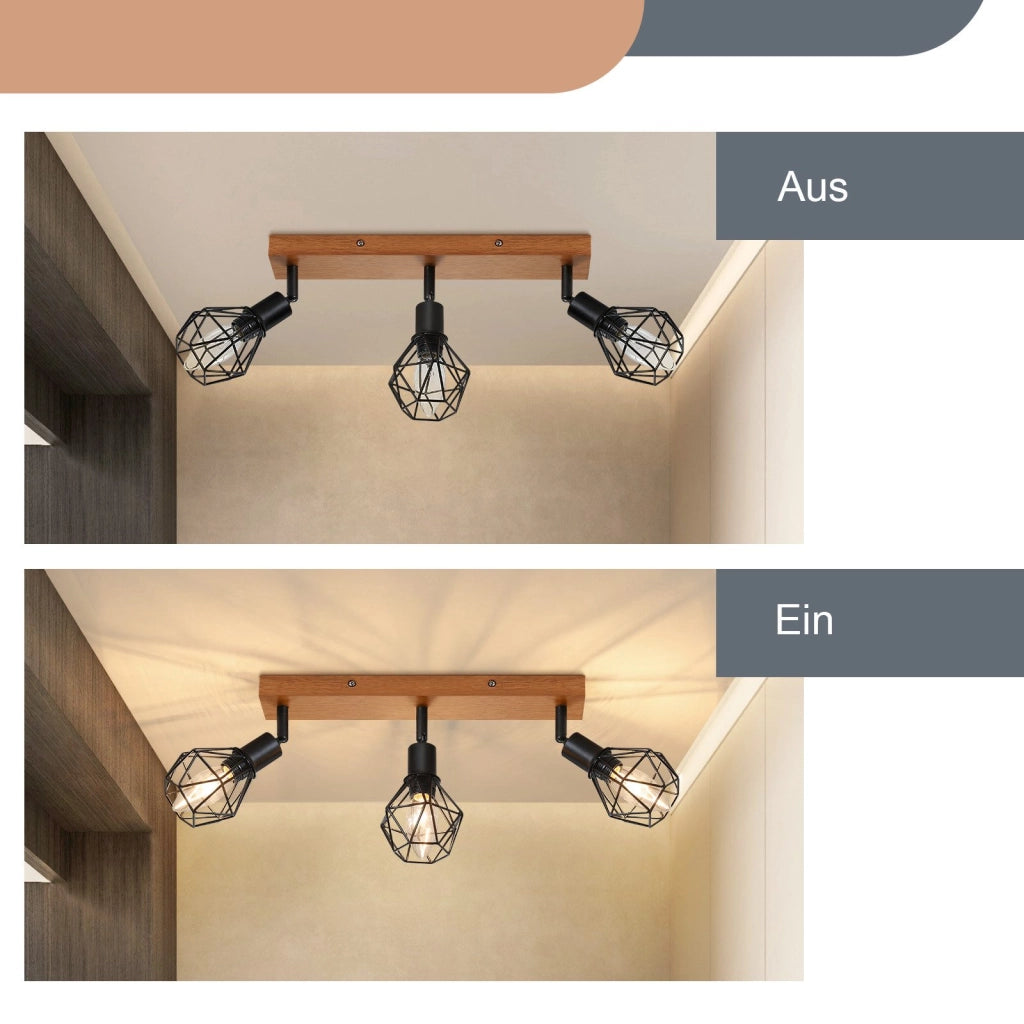 ZMH Faretto da soffitto legno nero 3 luci metallo rotanti 350° stile retrò max 25W per sale pranzo senza lampadina