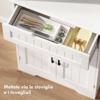 Credenza Cucina 60x30x172 cm con 2 Armadietti Cassetto e Piano Centrale con Passacavi in MDF Bianco