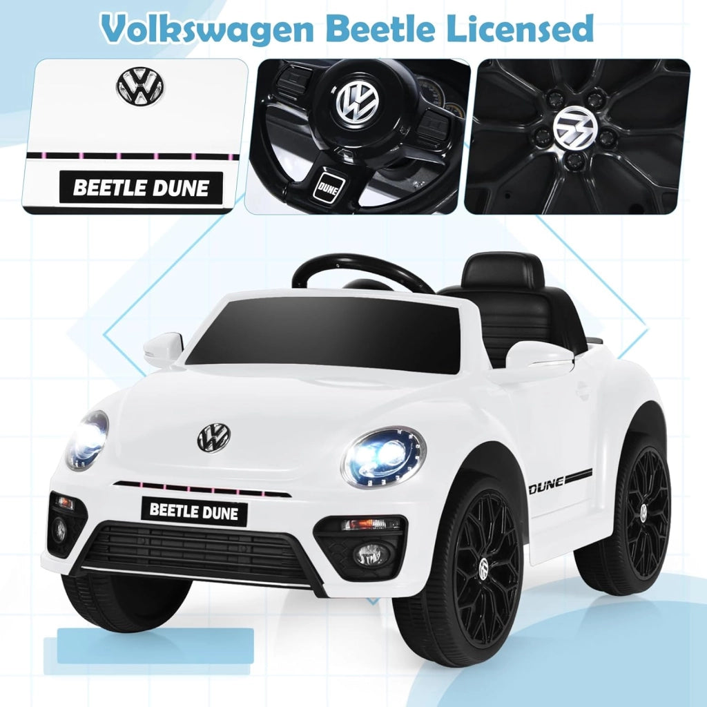 Macchina Elettrica per Bambini Volkswagen Beetle Maggiolino 12V con Telecomando, Auto Elettrico a Pedale, Veicoli con Musica, Fari LED e Clacson, 3-5km/h, Carico 30 kg, 3-8 Anni (Bianco)