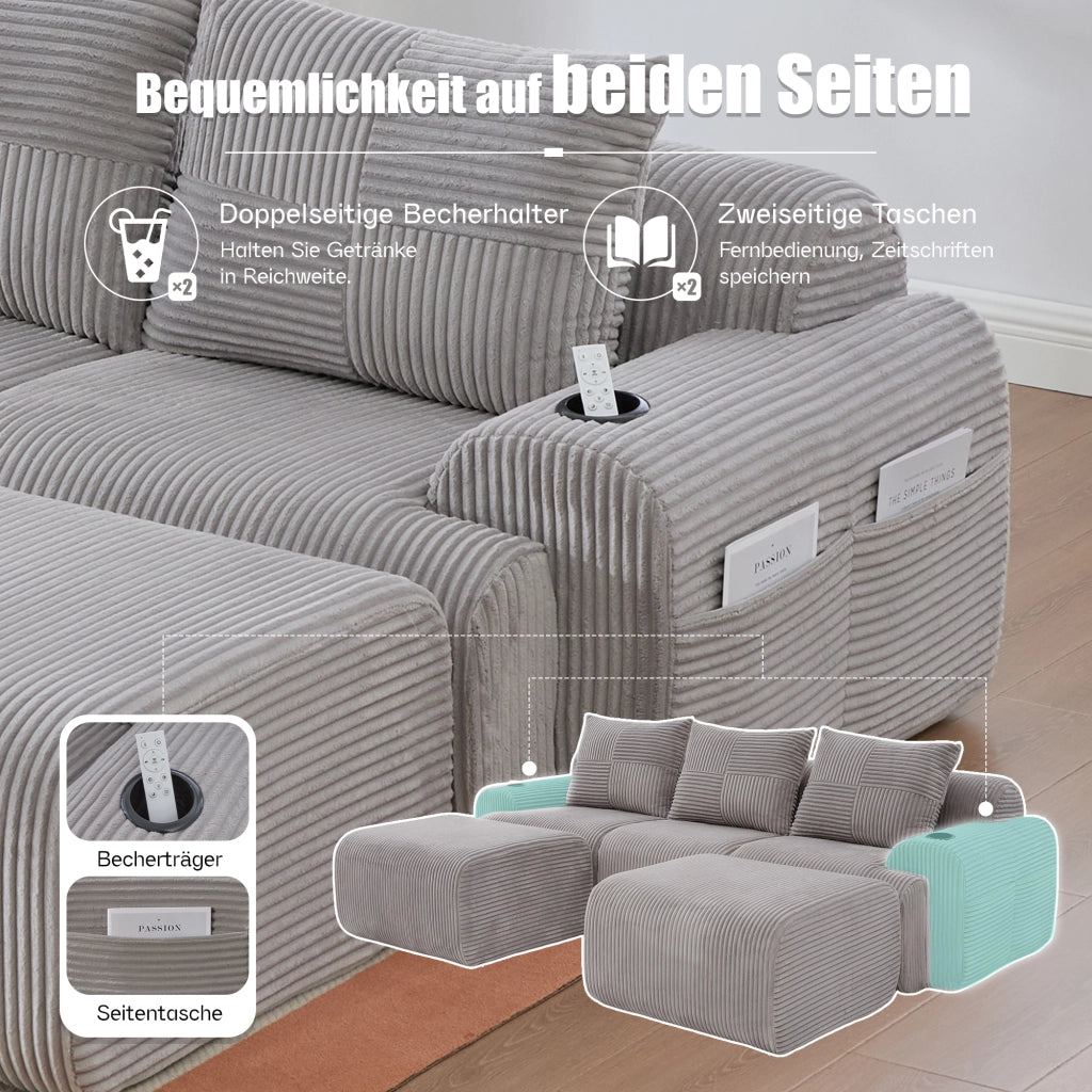 DIVANO modulare 3 posti 268x174x80 cm tessuto a coste grigio chiaro