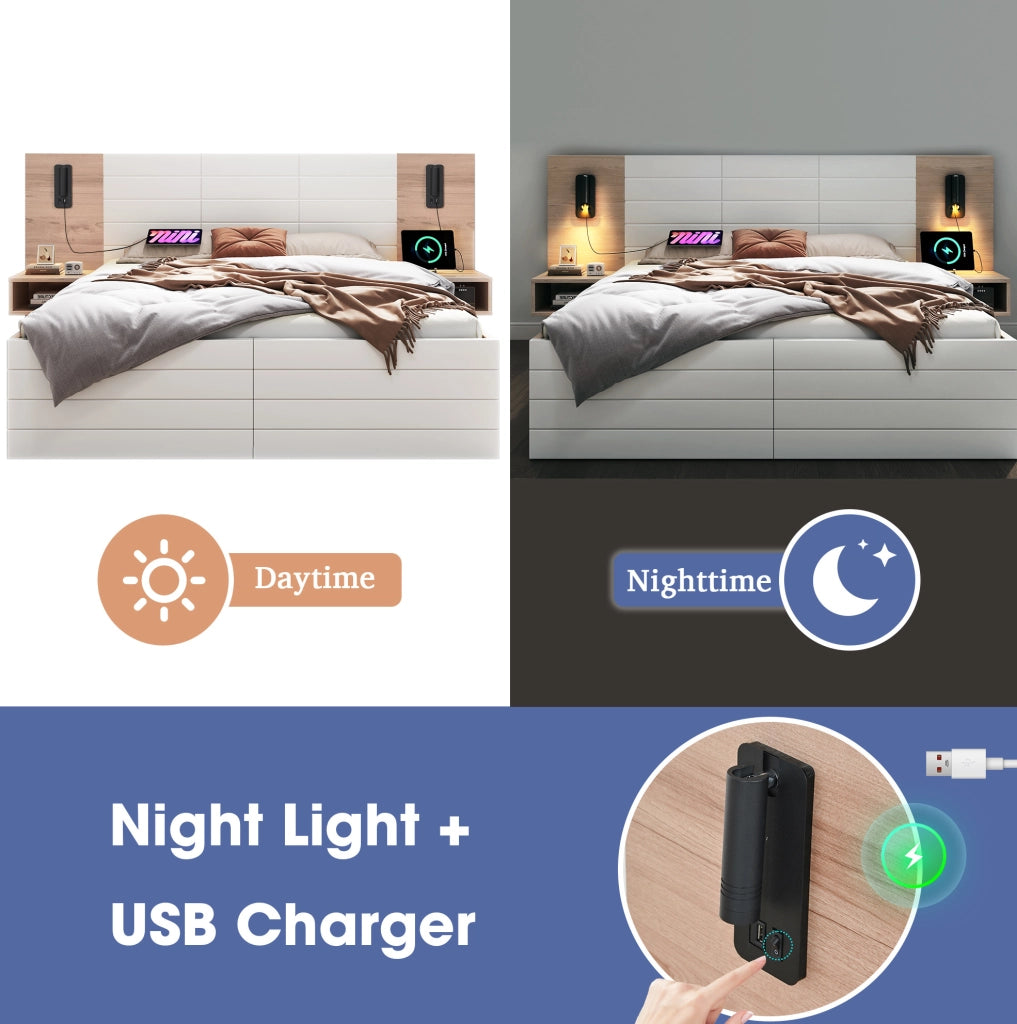 Letto matrimoniale 180x200 cm con 2 cassetti e 2 comodini; luce da lettura 360° e USB; bianco/rovere