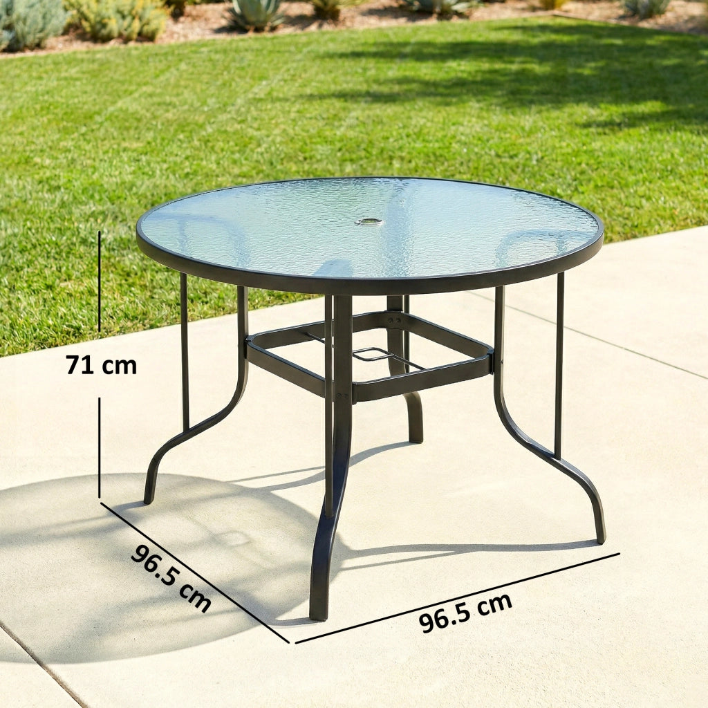 Tavolino da Giardino Rotondo con Foro per Ombrellone, in Metallo e Vetro Temperato, ?96.5x71 cm, Nero