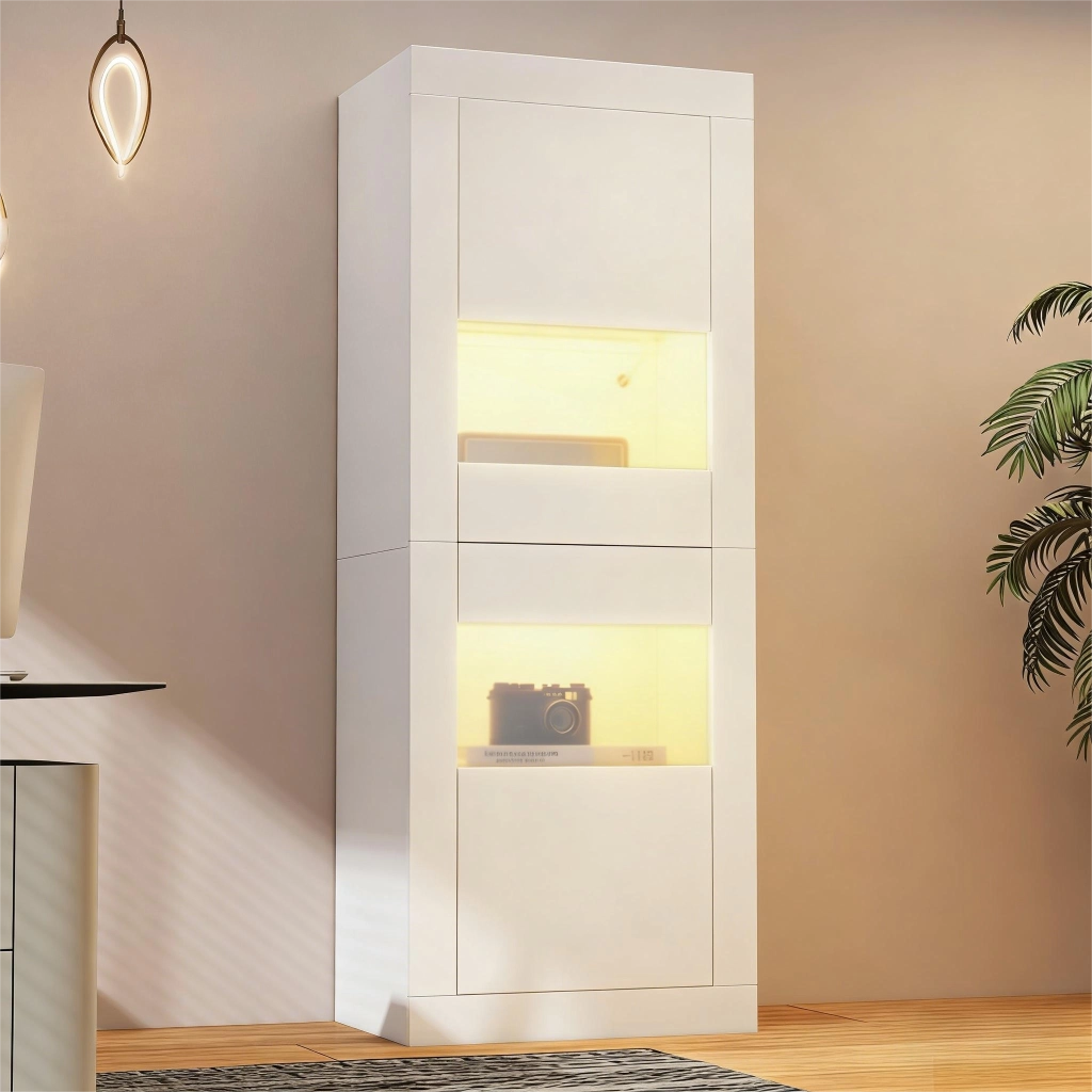 Vetrina con 2 ante; 2 ripiani regolabili e LED - per soggiorno - 61x42x162 cm - bianco