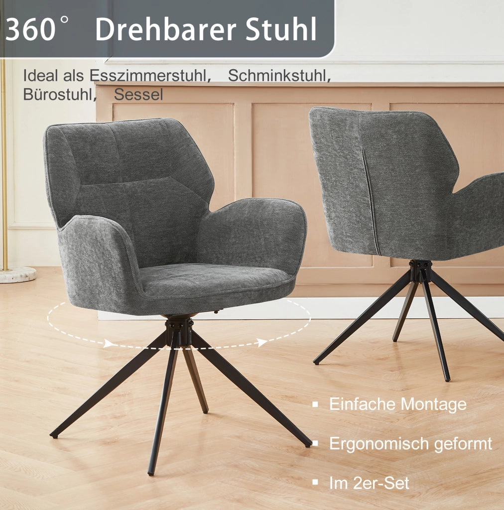 Set di 2 sedie girevoli in ciniglia grigio scuro