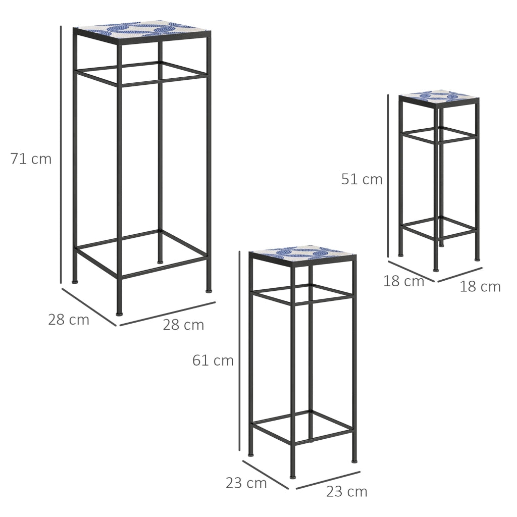 Set di 3 portapiante in metallo con mosaico blu e bianco, impilabili, senza montaggio
