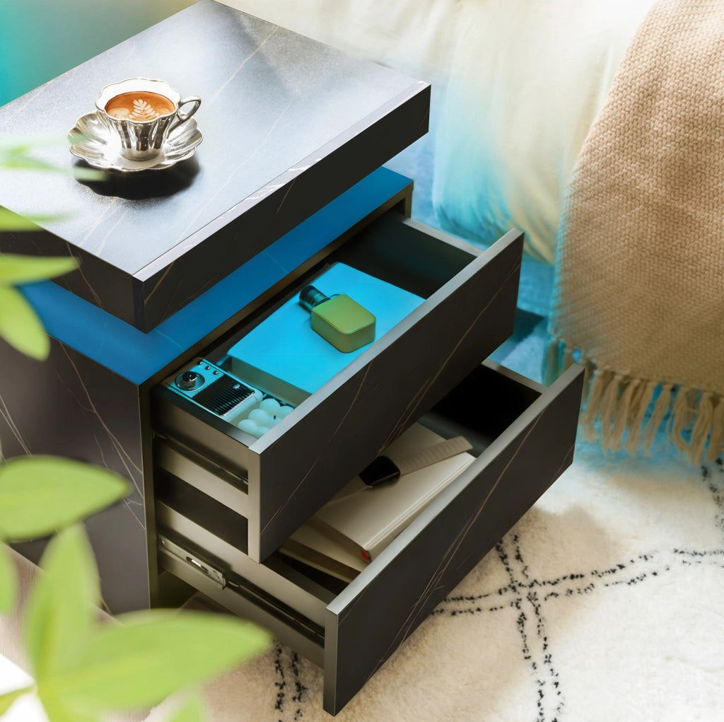 Comodino con luci LED regolabili, 2 cassetti, nero e oro
