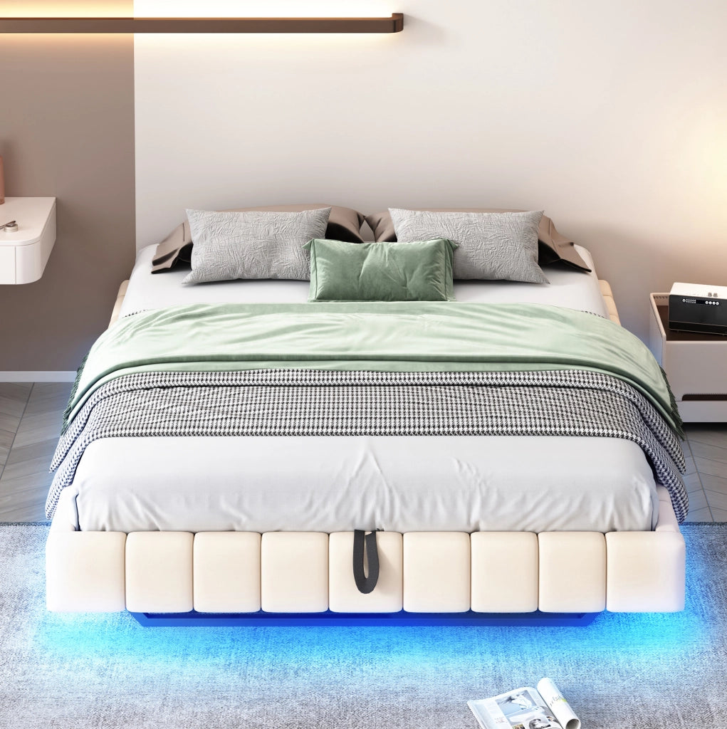 Letto imbottito sospeso 160x200 cm con contenitore e luci LED, beige