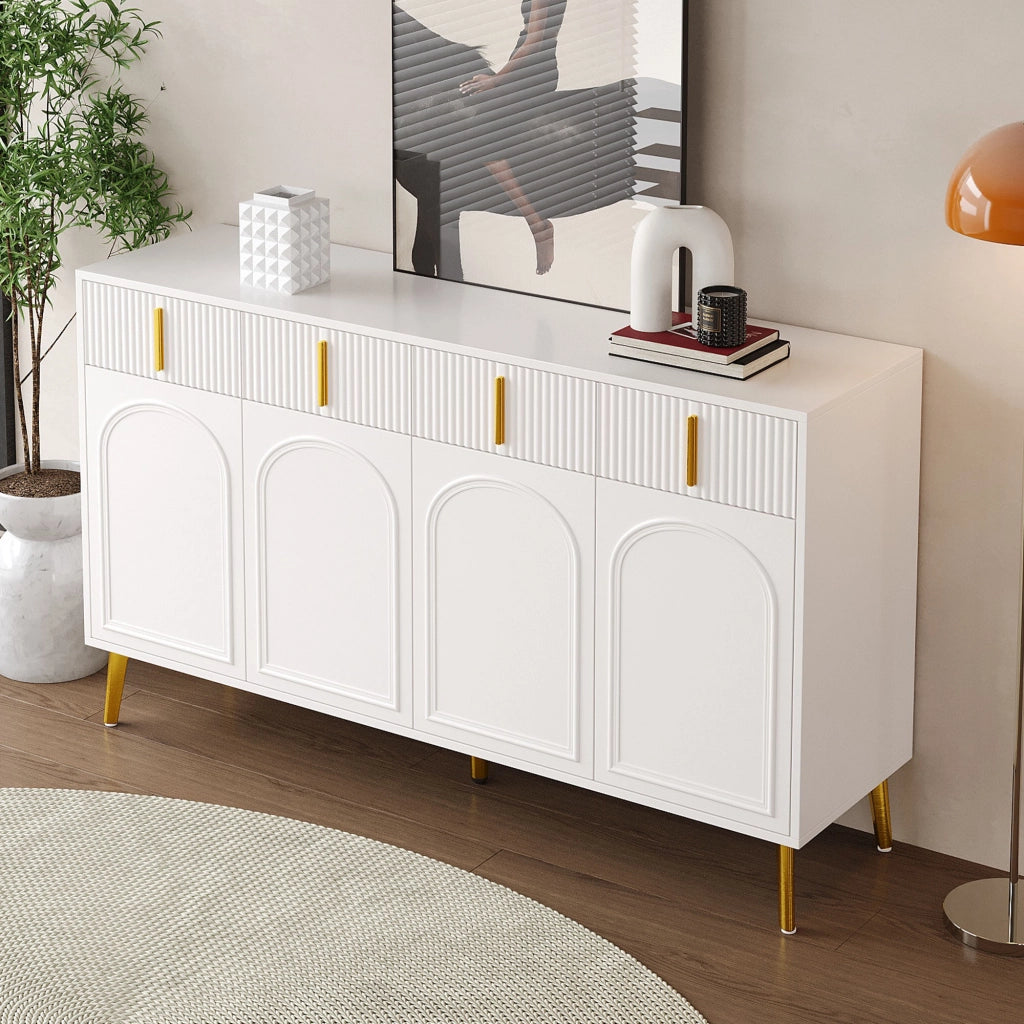 Credenza con 4 ante e 4 cassetti in MDF bianco con ripiani regolabili e dettagli dorati 140 × 38 × 82 cm