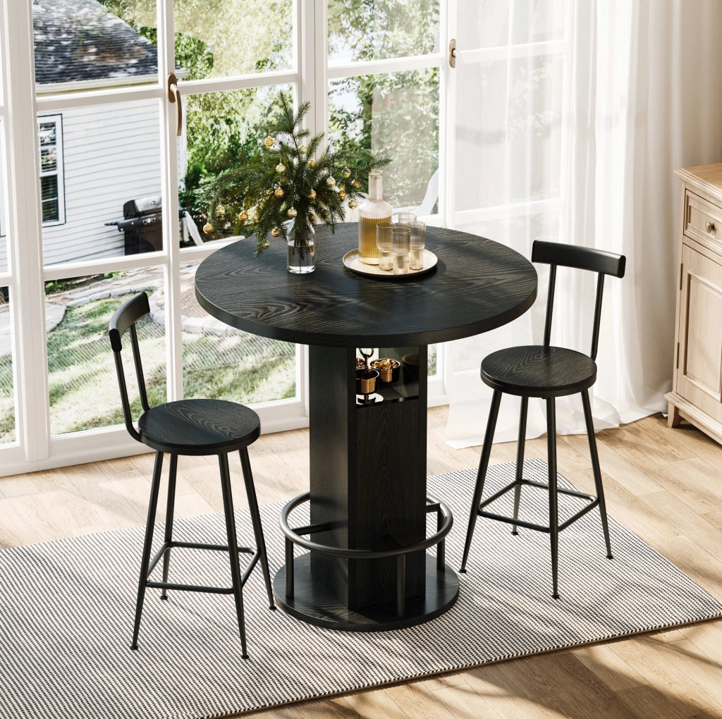 Set tavolo da bar ULEVR 3 pezzi con tavolo rotondo ?80 cm e 2 sgabelli, ripiani integrati, nero