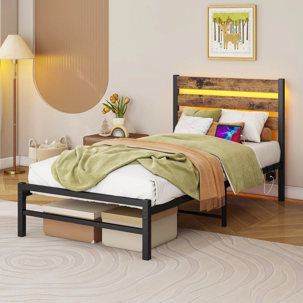 Letto in metallo con USB e LED 90x200 cm MDF marrone e metallo