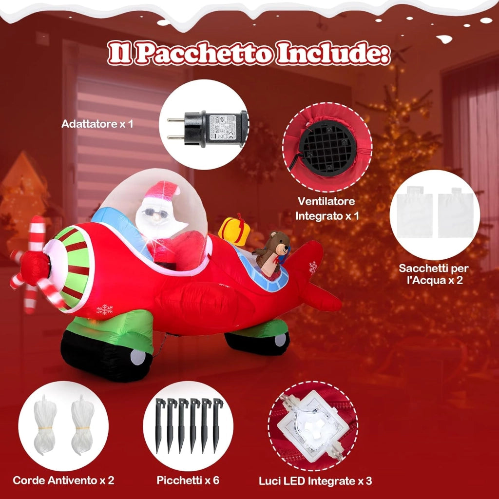 Babbo Natale Gonfiabile su Aereo 120 cm, Decorazione Natalizia da Esterno con Orsetto, Scatole Regalo e Luci LED, Decorazione Gonfiabile Invernale per Festa, per Giardino, Cortile e Casa