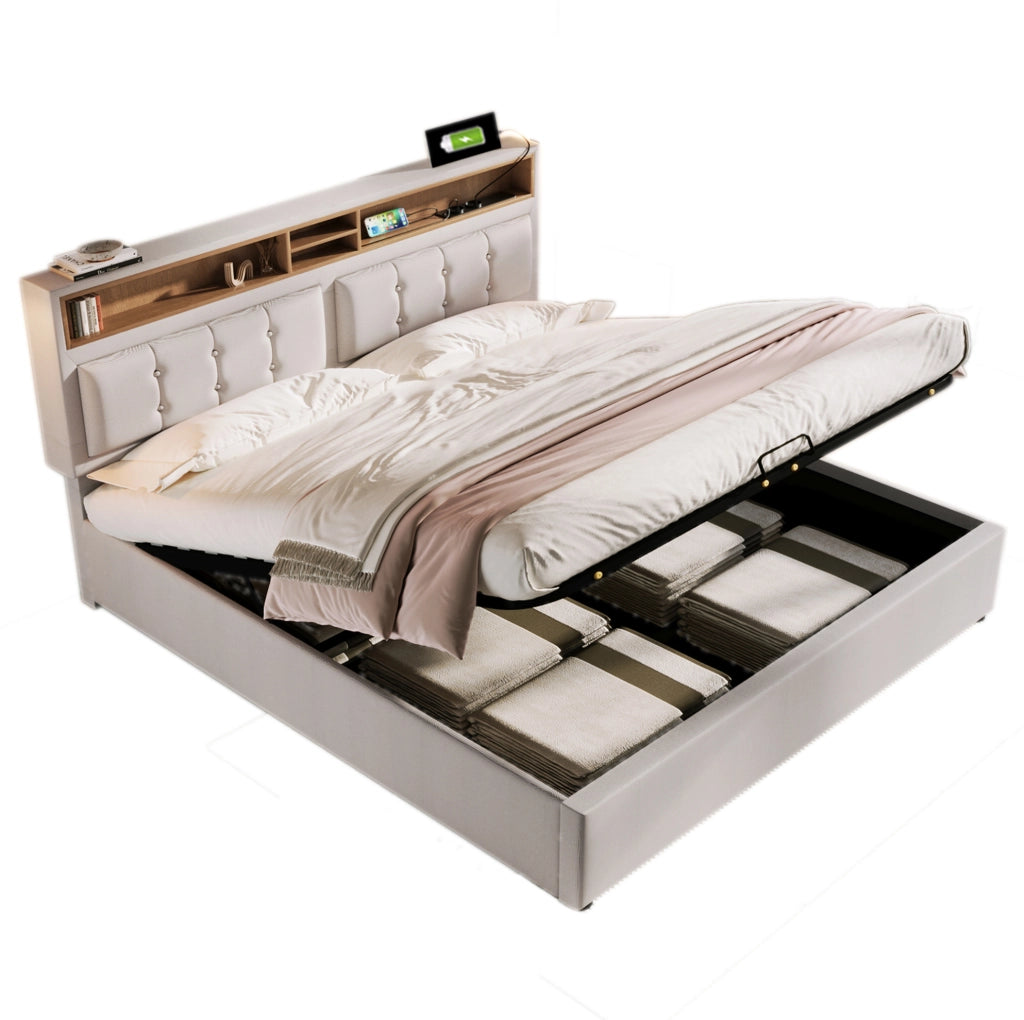 Letto matrimoniale imbottito 160x200 cm in lino beige con testiera regolabile; USB e Type-C; contenitore