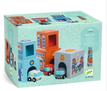 Gioco da impilare Topanicar Cubi con veicoli,Djeco,Eta 18+ mesi