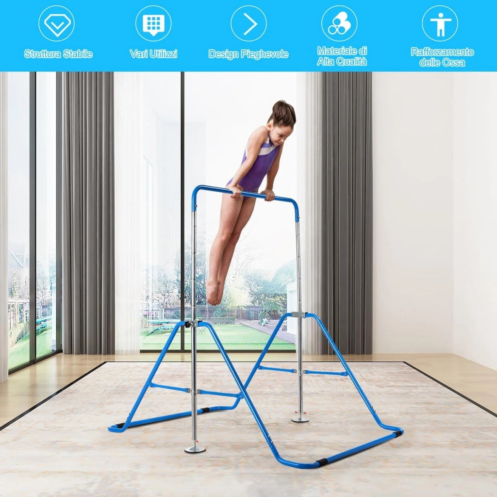 COSTWAY Sbarra Ginnastica Artistica Pieghevole con Struttura Triangolare e 4 Cuscinetti Antiscivolo, Altezza Regolabile in 4 Posizioni da 90 a 142 cm, Barra per Ginnastica per Bambini