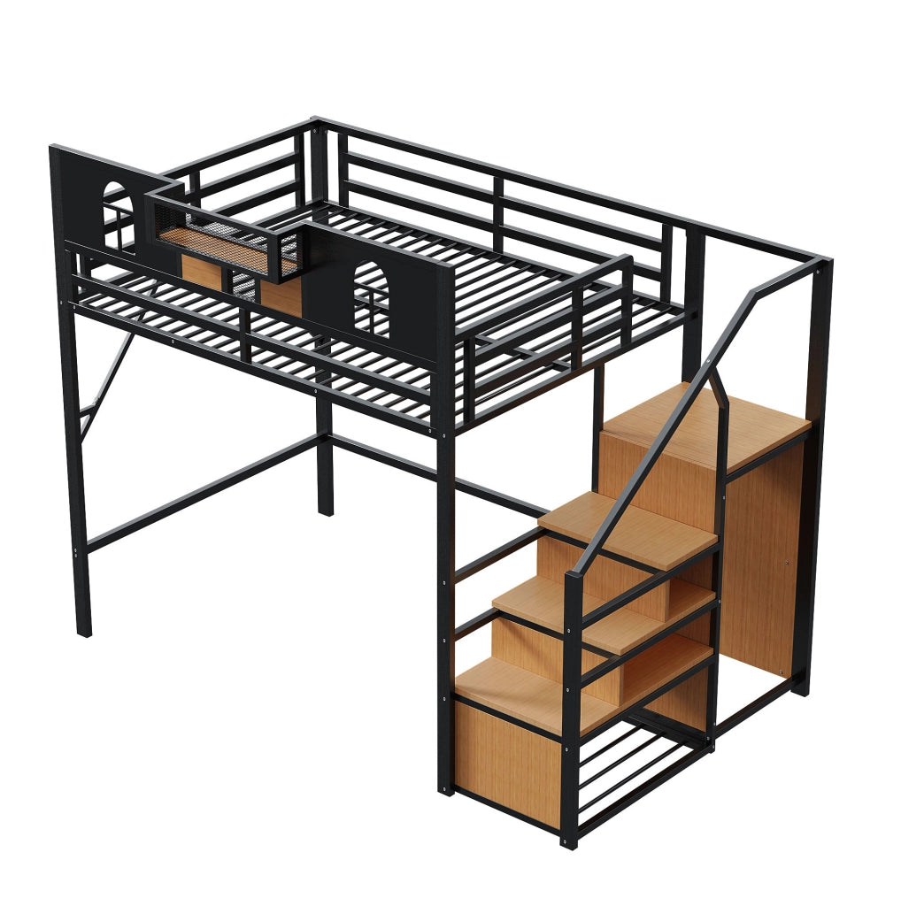 Letto a soppalco 140x200 cm nero in metallo con scala contenitore