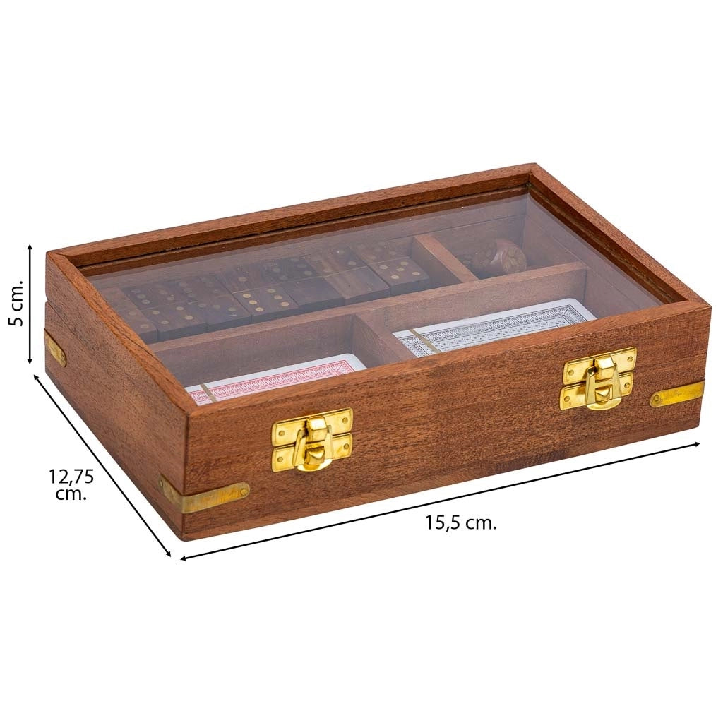 Gioco 3/1 (dadi+domino+carte) in una scatola, legno marrone 15,5x13x5