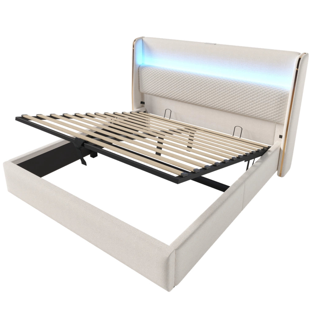 Letto matrimoniale idraulico 140x200 cm con testiera alta; LED; USB e Type-C; beige in lino