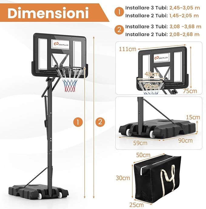 Canestro da Basket da Esterno, Canestro Basket Portatile e Regolabile in Altezza da 1,5 a 3 M con Tabellone in PC da 111 cm, Base Riempibile, Borsa per Pesi e Ruote