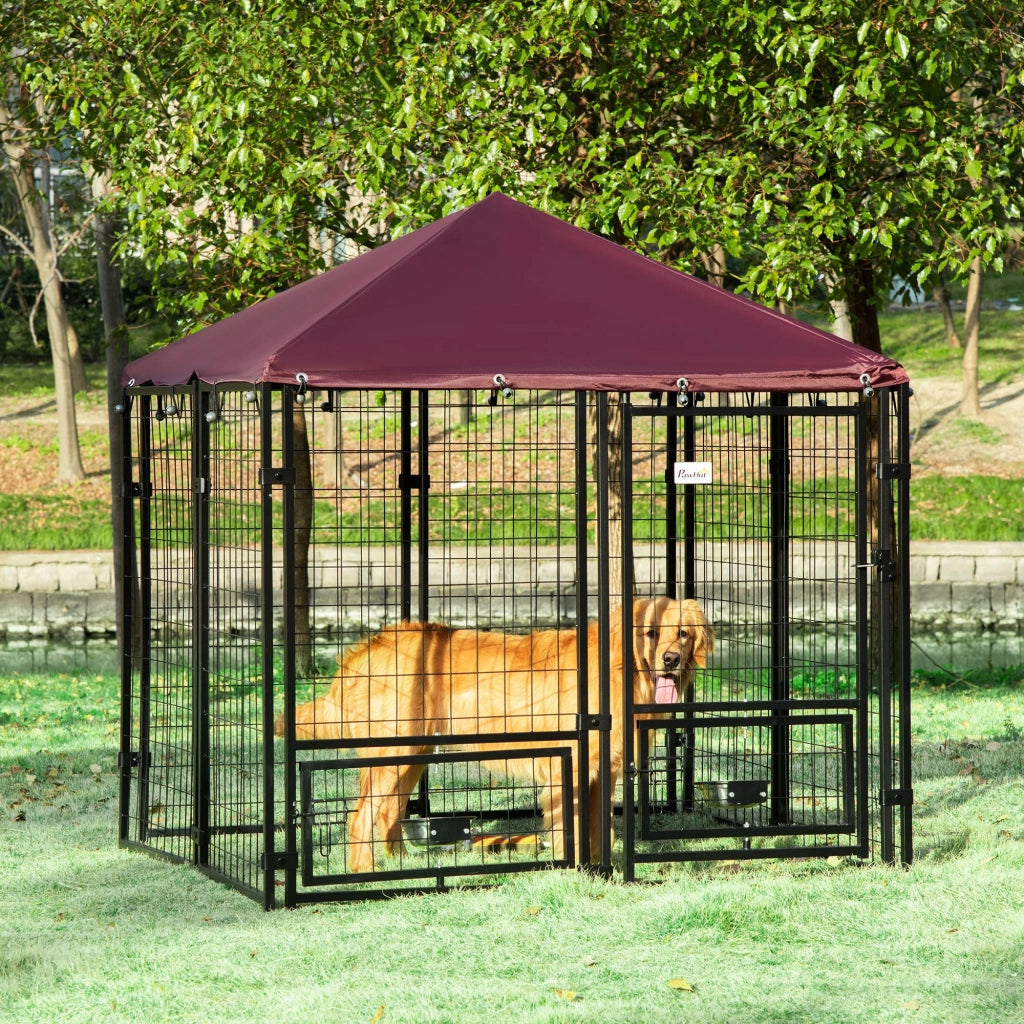 Recinto per Cani da Esterno ¨C Zephmum ¨C Nero e Rosso in Acciaio con Copertura