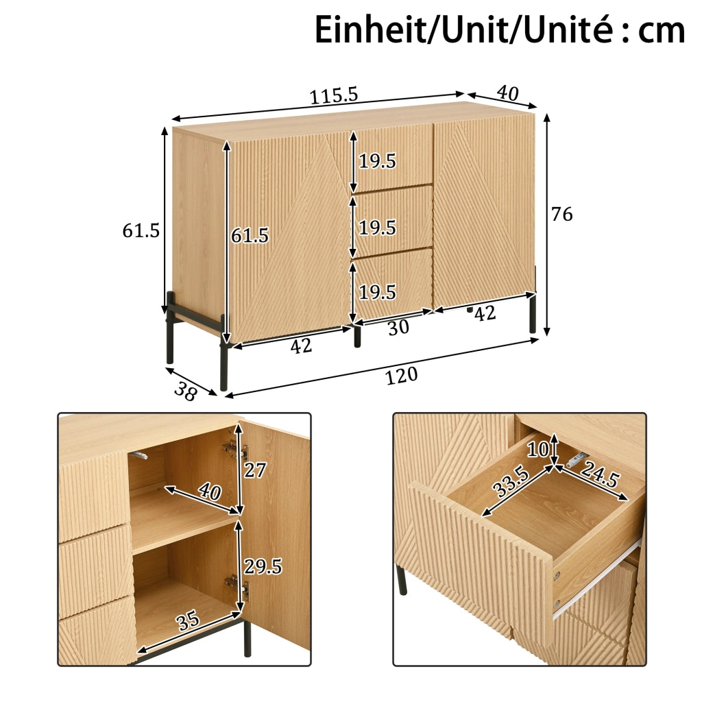 Madia con 2 Ante e 3 Cassetti; Gambe in Metallo; per Soggiorno Sala da Pranzo; MDF; 115.5 × 40 × 76 cm; Naturale