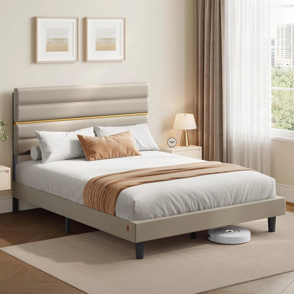 VASAGLE Struttura Letto Matrimoniale, Telaio Letto, per Materasso 140 x 200 cm, Testiera Imbottita Regolabile, Metallo e Legno, Moderno, Beige Cappuccino RMB504LH01